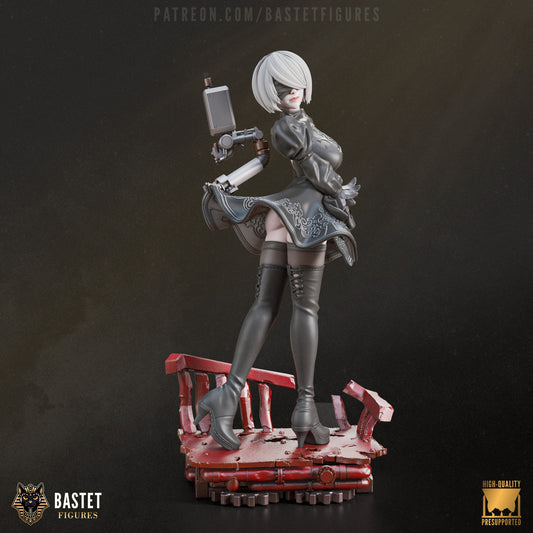 2B figure from Nier Automata standing in high heels on a ruined industrial base with skirt lifted by wind, holding support drone at her back.