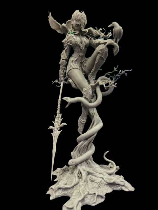 Gray resin 3D print of Lenora Queen of Crows figure on a colorful background, showing size and sculpting detail of the unpainted model.