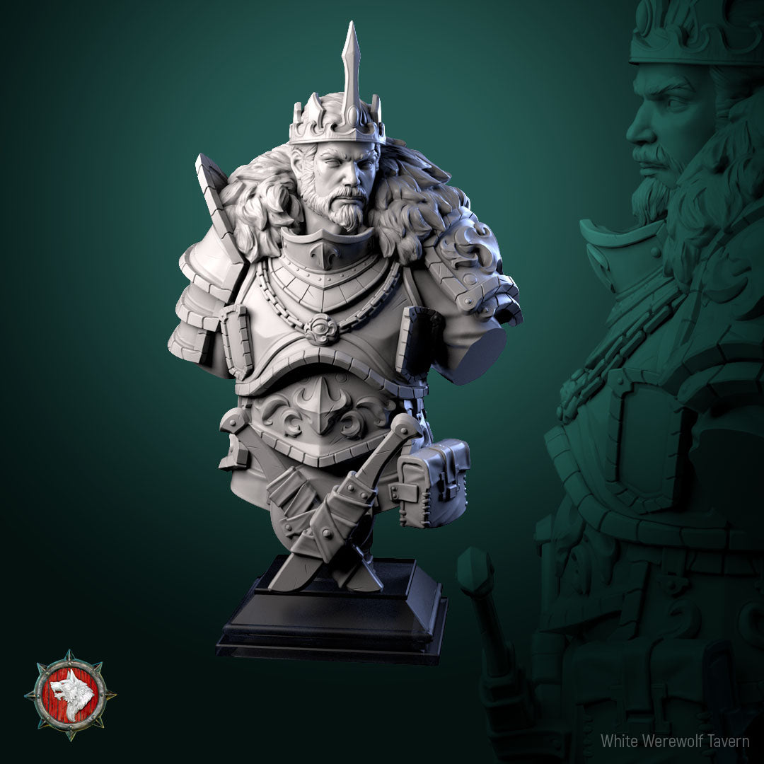 King Eonkar bust featuring crowned helm, detailed beard, fur mantle, heavy plate armor, layered chest plates, and mounted display base designed for collectors and painters.