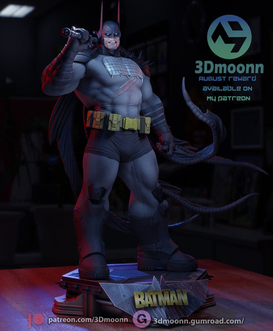 Absolute Batman DC Comics full body view holding chainsaw weapon on custom display base 1:6 scale statue