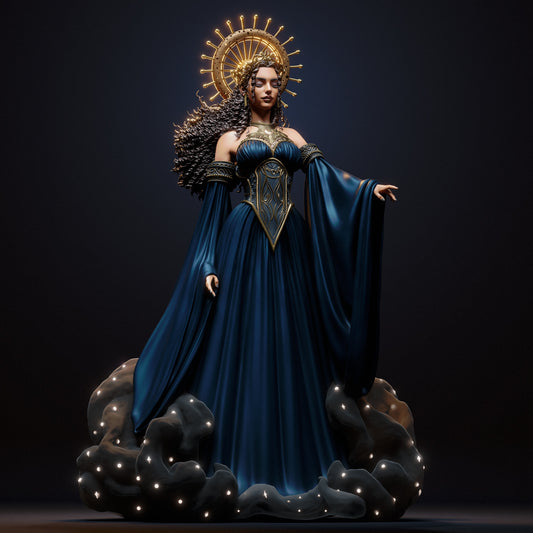 Nyx, the Greek Goddess of Night, stands gracefully with a celestial halo, flowing gown, and intricate golden details, exuding an ethereal presence.