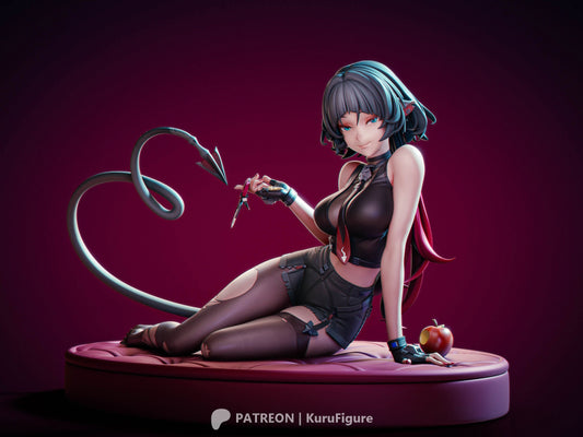 Jane Doe Zenless Zone Zero statue sitting on round cushioned base with long tail curved behind her holding knife in hand detailed outfit and hair 1:7 scale statue