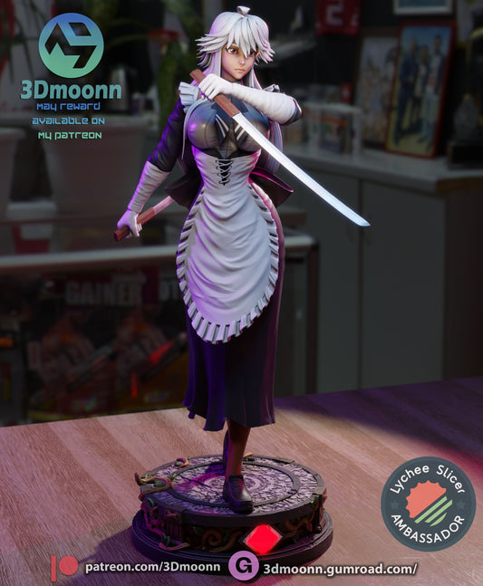 Reanette Elfelt figure in maid outfit, dual-wielding katana, standing on detailed decorative base, ideal for anime figure collectors and display.