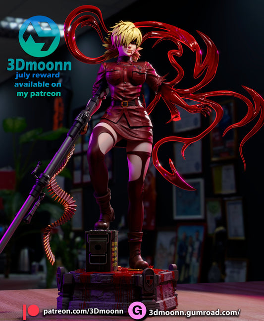 Seras Victoria 1:6 scale collectible figure uniform version from Hellsing Ultimate, female anime character holding rifle, vampiric energy tendrils behind her, one leg raised on ammo crate base, bullet chain visible, dynamic action pose