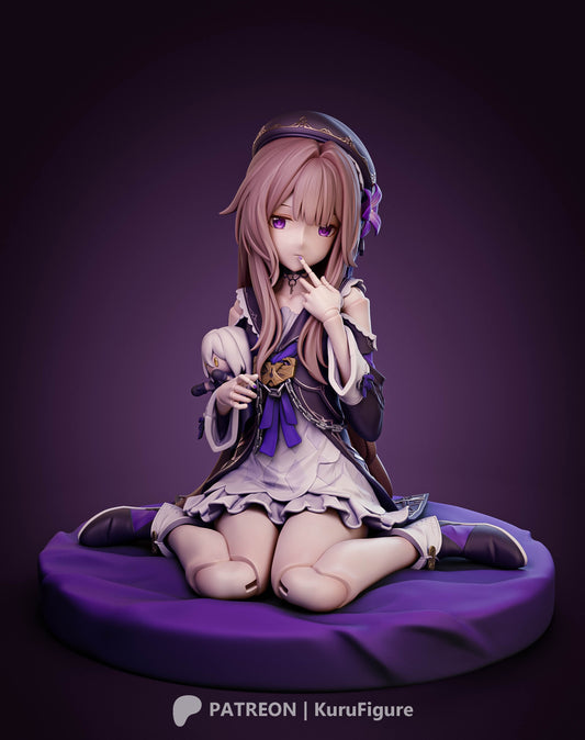 The Herta Honkai Star Rail figure close-up of face and upper body with long hair, detailed outfit, and seated pose on cushion, 1:7 scale figure