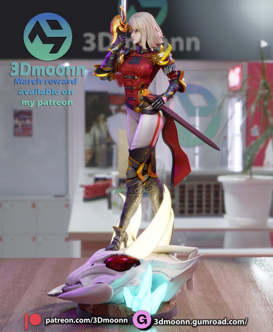 Side view of Cha Hae in a dynamic pose with one hand on her hip, glowing blue crystals visible on the base.