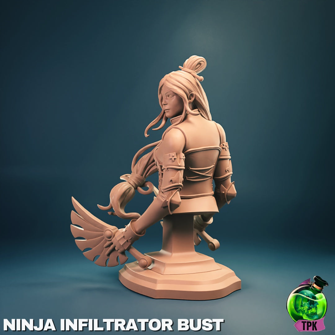 Human ninja infiltrator miniature standing in a rear-facing stealth stance on a round base, long hair tied back, light armor with wraps and straps, unarmed hands ready, environment props including lantern and scrolls, rogue or assassin character for fantasy tabletop RPGs
