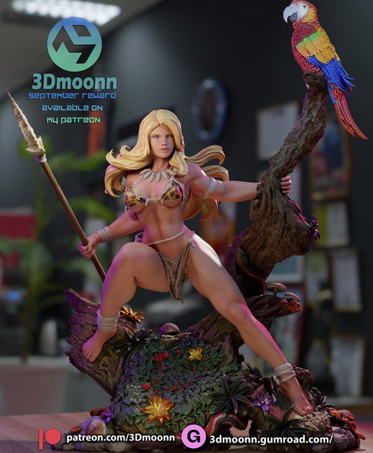 Full view of Shanna the She-Devil 1:6 scale statue holding spear with parrot and foliage base.