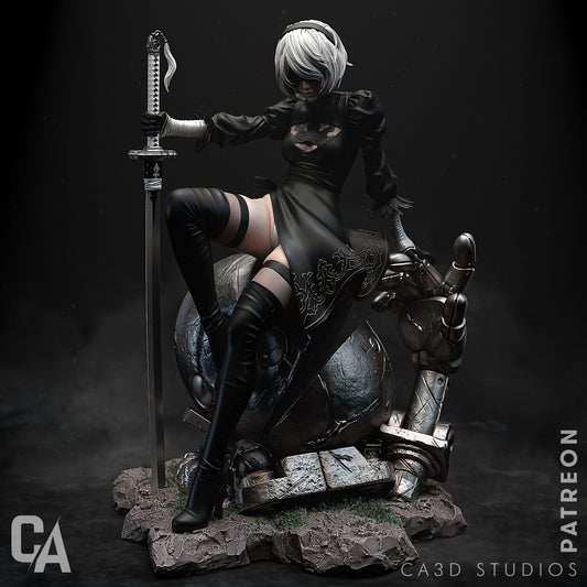 YoRHa No.2 Type B posed with her katana, seated atop a fallen machine, wearing a flowing combat dress.
