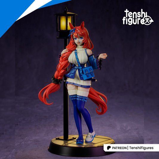 Super Creek Umamusume collectible figure standing beside a street lamp with long braided hair, horse ears, sweater dress, shoulder bag, and circular display base