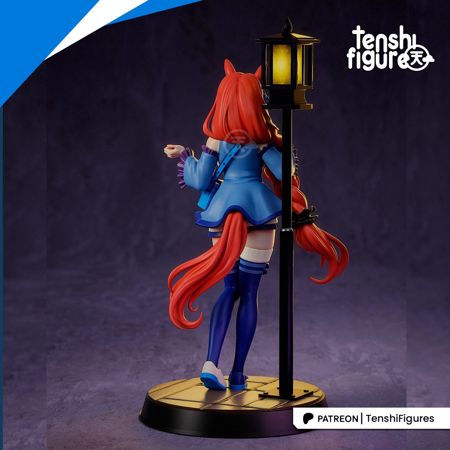 Super Creek Umamusume figure rear view showing flowing red hair, jacket details, thigh-high stockings, horse tail, and lamppost attached to the base