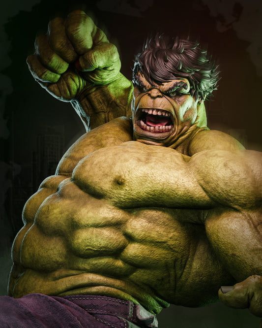 Close-up portrait of Hulk 1:6 scale statue roaring with raised fist and muscular detail.