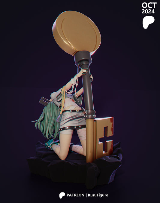 A.B.A Guilty Gear figure kneeling on rock base while holding oversized key weapon overhead, detailed outfit, dynamic hair, 1:7 scale collectible