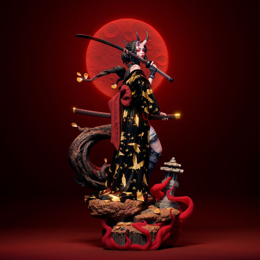 Full view of the Oni figure, featuring the elaborate base, golden-patterned kimono, and dramatic red moon background.