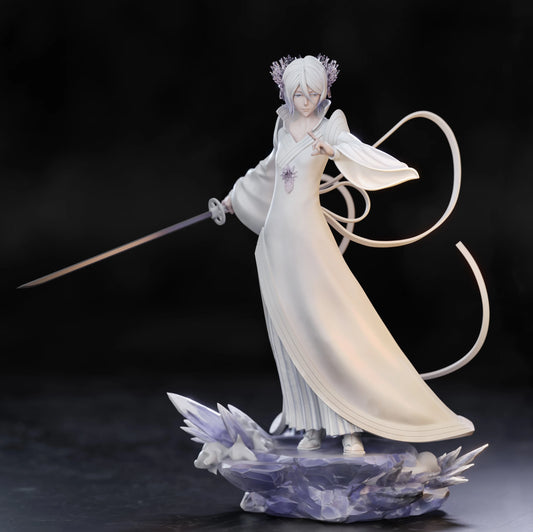 Front view of Rukia Kuchiki 1:8 scale figure from Bleach in Bankai form, wearing a long flowing kimono and holding a drawn katana while casting a spell, standing on an ice crystal base.