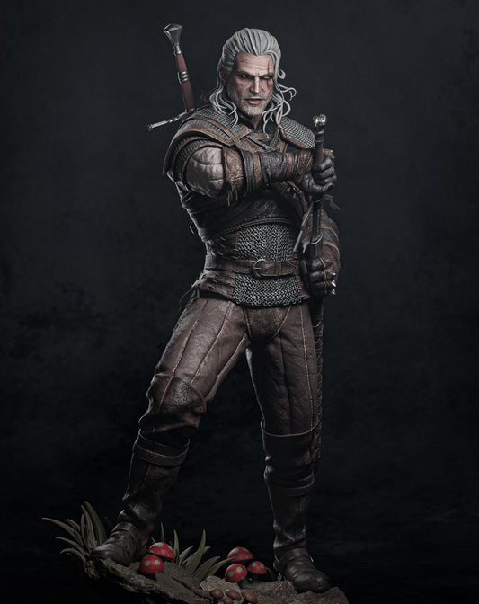 Geralt The Witcher 1:6 scale figure standing on a rocky base with mushrooms, holding a sword across his chest, wearing leather and chainmail armor.