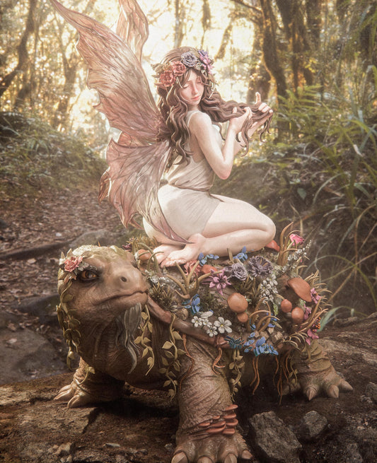 A detailed collectible of Fairy Blossom, a delicate winged fairy sitting peacefully atop a flower-covered tortoise.