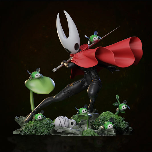 Yor Forger X Silksong 1:7 scale figure centered display shot featuring weapon raised, cape motion, multiple insects on the base, and environmental sculpt elements.