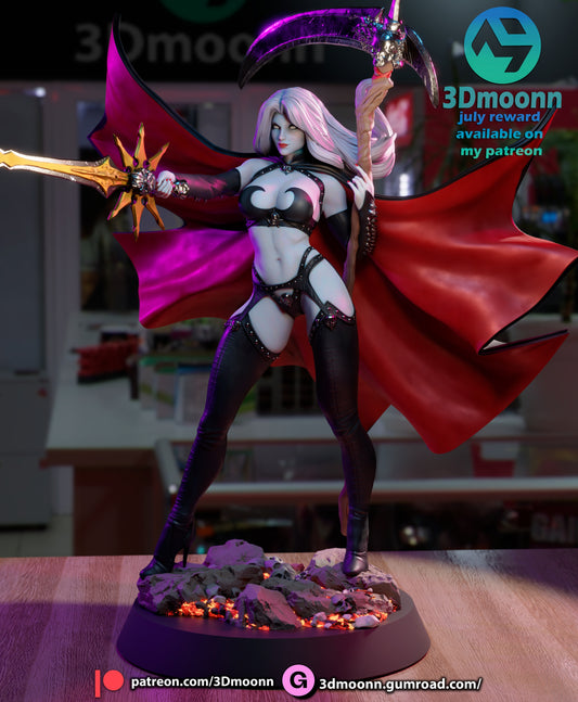 Full front view of Lady Death 1:6 scale figure holding scythe and blazing sword, with detailed armor and lava base