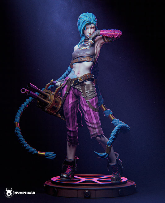 Jinx – Front View: Full-body render of Jinx standing confidently with her minigun and long braided hair flowing behind her.