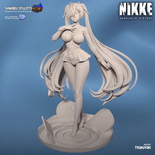 Cinderella Nikke 1:8 scale statue unpainted front view showing futuristic outfit details and flowing twin ponytails on round base.