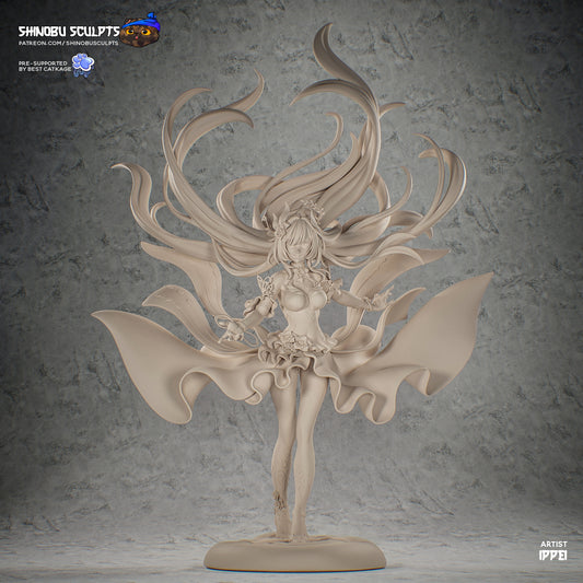 Cyrene Honkai Star Rail 1:8 scale figure front view showing flowing hair, extended ribbons, ornate outfit, floral details, and dynamic stance on rounded base; anime collectible statue.