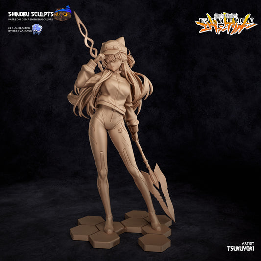 Front view of unpainted Asuka Langley figure posed confidently with one hand adjusting her hat and the other holding her spear.