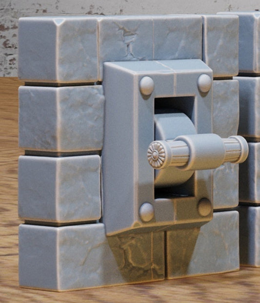 Item 1 (far left): Wall-mounted dungeon lever with square stone frame for tabletop RPG dungeon decor