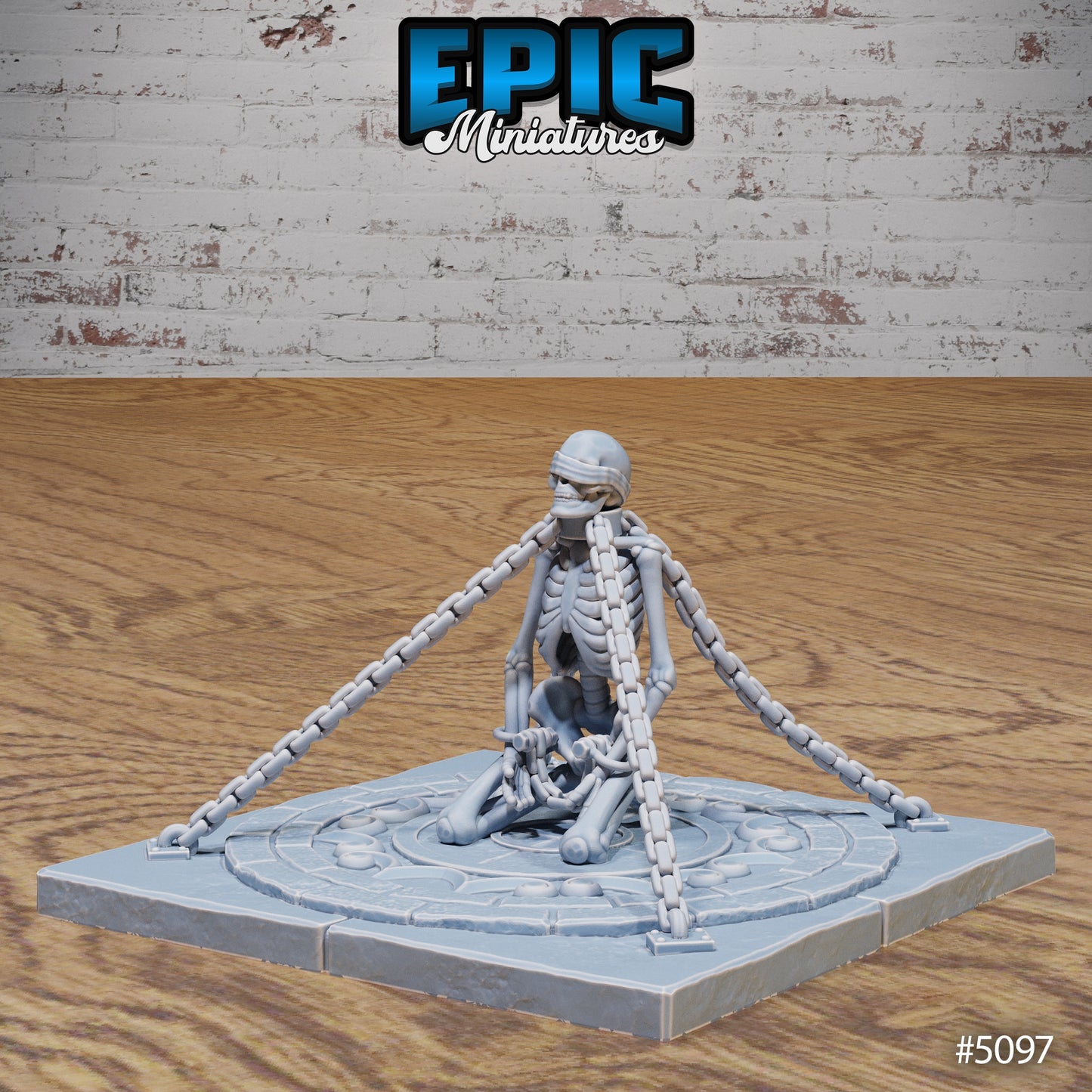 Fantasy dungeon terrain shackled skeleton figure kneeling with chains attached to stone floor base for tabletop RPGs