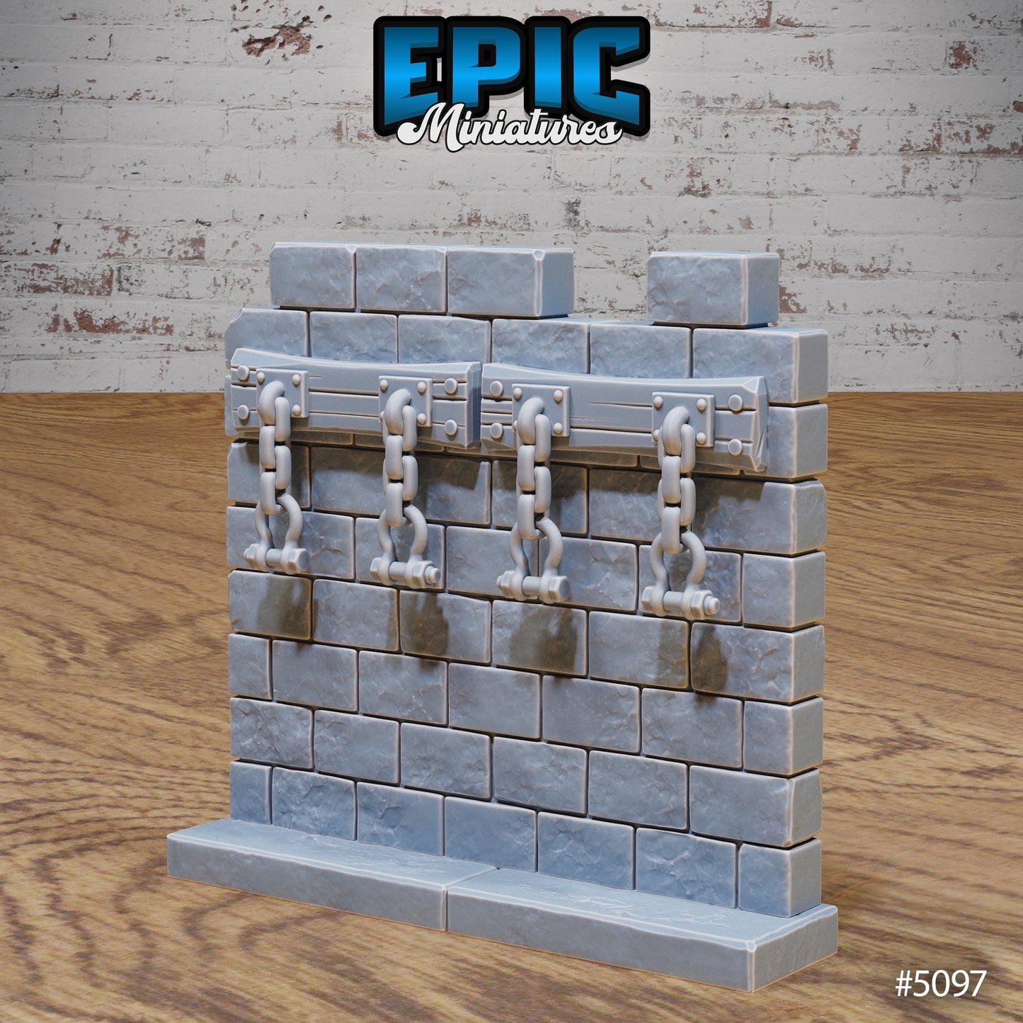 Dungeon terrain stone wall section with four mounted chain shackles for prisoner restraint in tabletop RPGs