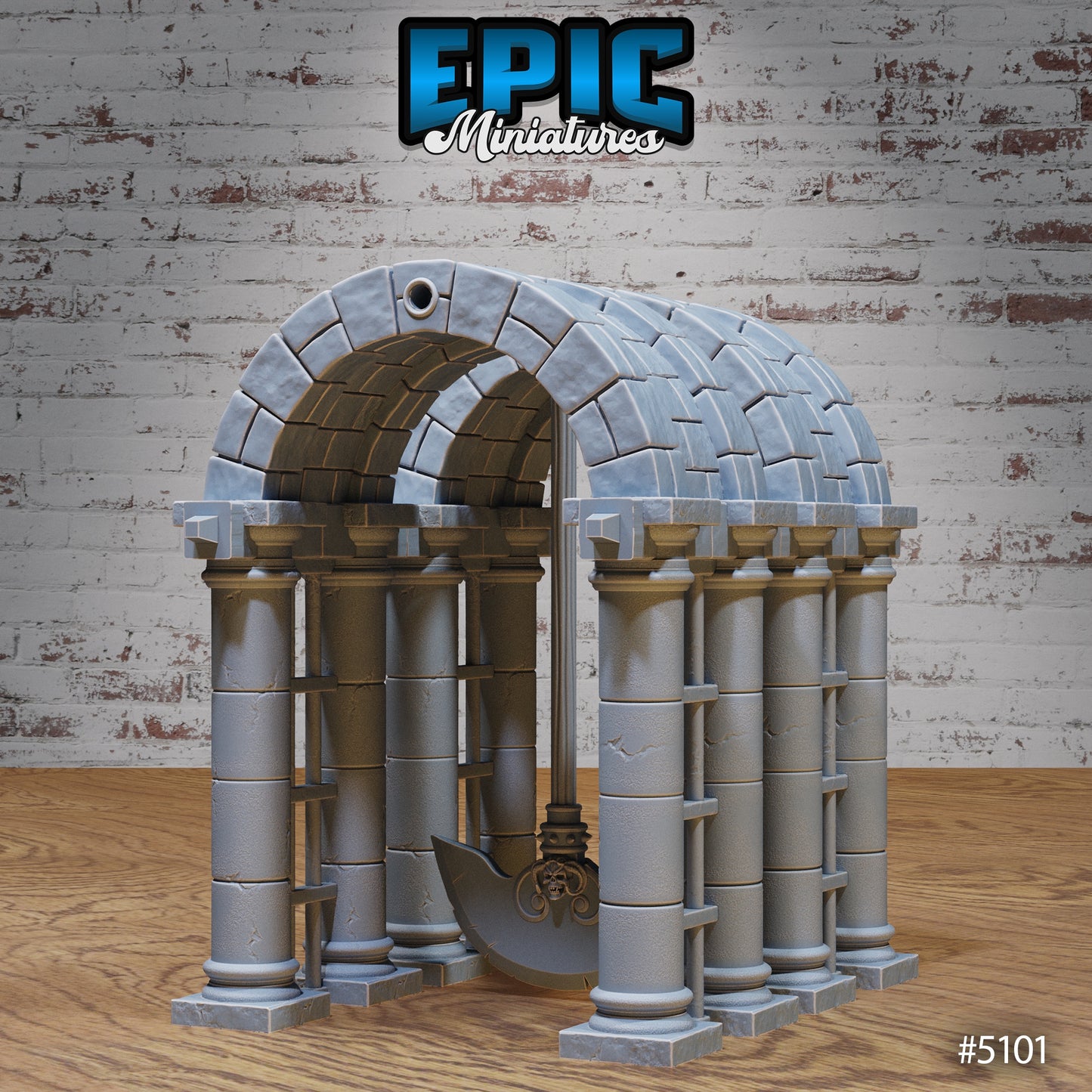 Pendulum trap dungeon terrain with stone arch, columns, and suspended swinging blade.