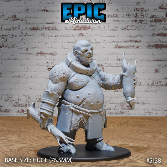 Captured Hill Giant miniature holding a pig in one hand and a large club in the other, wearing shackles and a thick collar.