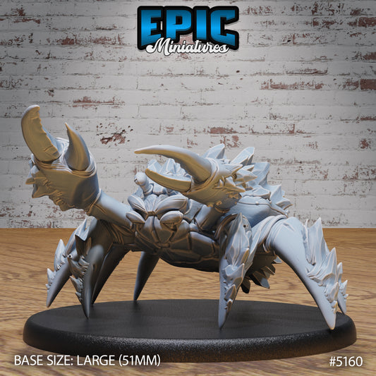 Large base TTRPG miniature of a frost-covered crab with wide claws and detailed spiny legs, tabletop beastie for frozen terrain maps.