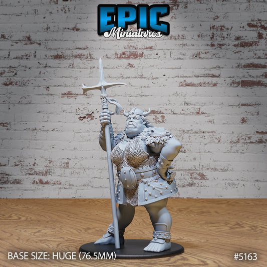 Hill Giantess miniature holding a halberd with hand on hip, armored female giant on huge base for DnD or Pathfinder TTRPG boss encounters.