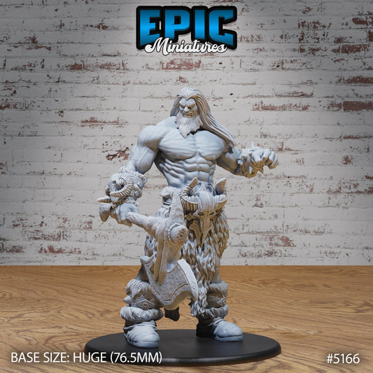 Jotun Frost Giant miniature wielding oversized axe, muscular ice giant warrior for TTRPG boss battles, huge 76.5mm base DnD monster.