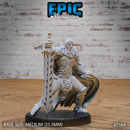 Beowulf miniature standing heroically with greatsword in one hand, wearing heavy plate armor and cape, for fantasy TTRPGs like DnD or Pathfinder.