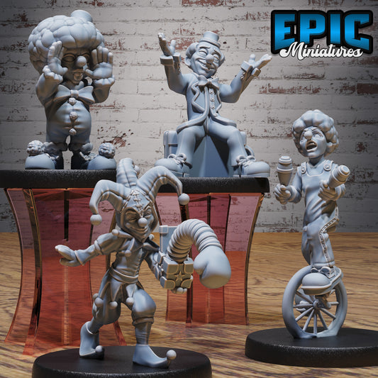 Collage of clown miniatures featuring multiple circus performers in varied poses, including laughing, mocking, and gesturing figures on 25.5mm bases.
