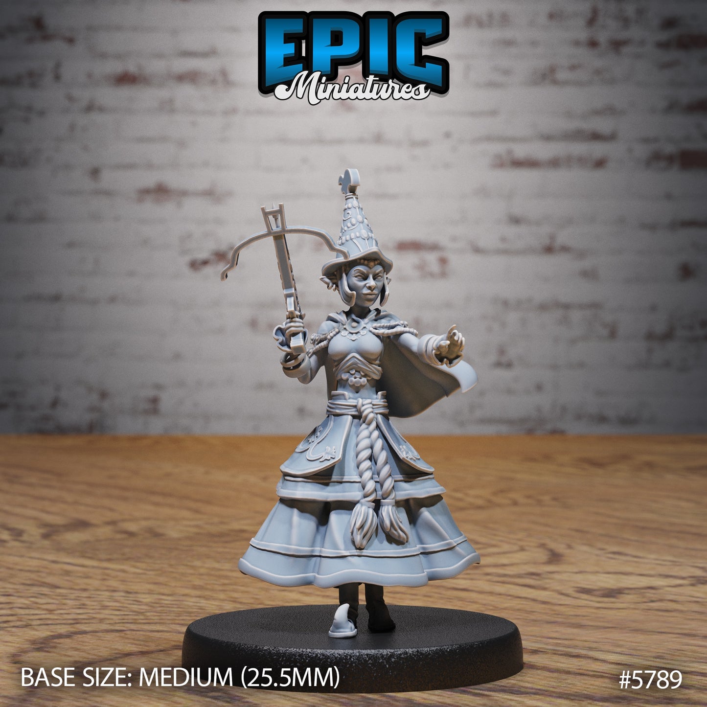 Half-Elf Bard miniature aiming a crossbow, wearing an intricately patterned dress with layered armor and confident stance on a medium base.