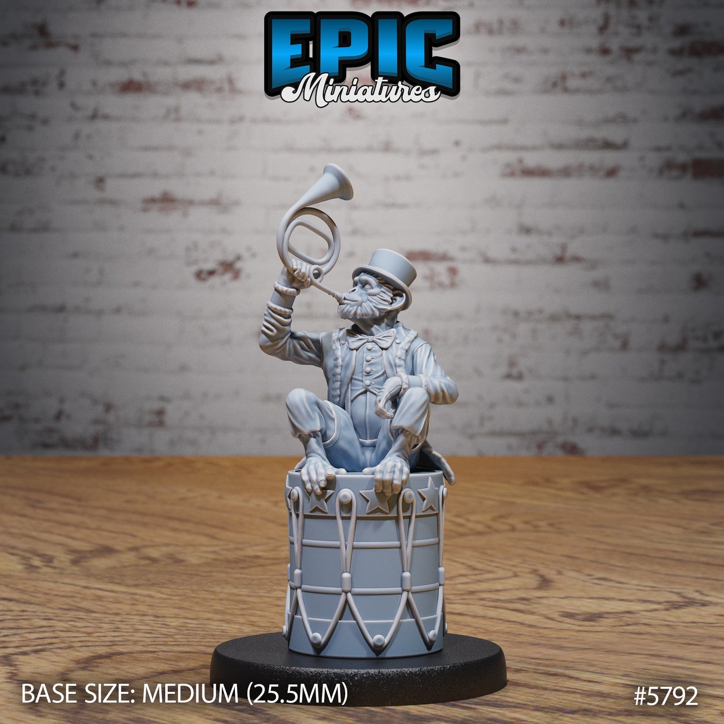 Monkey Director miniature seated on a drum and blowing a horn, dressed in formal circus attire with top hat, vest, and detailed coat, perfect for use as an NPC or performer in fantasy RPGs.