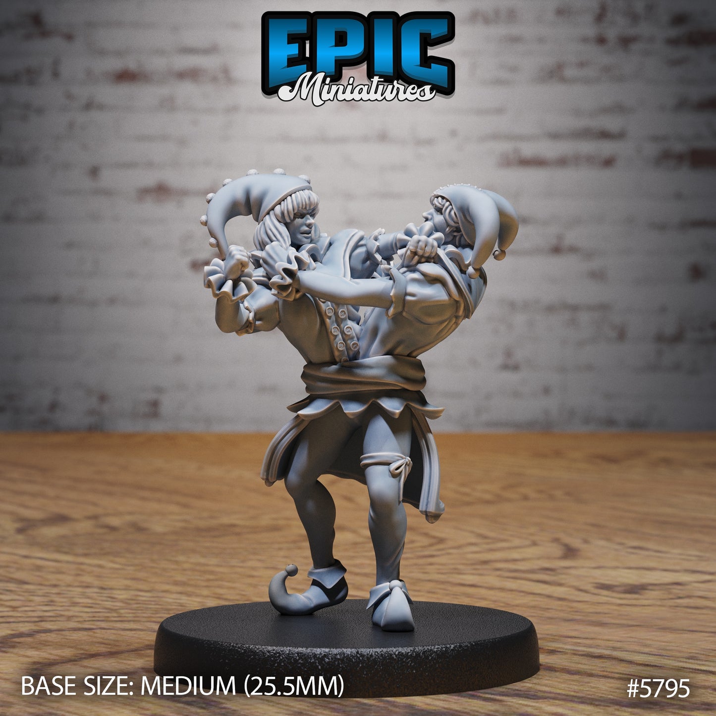 Conjoined Twins miniature showing a two-headed jester arguing with himself, captured in a tense stance with expressive sculpting and detailed costumes on a medium base.