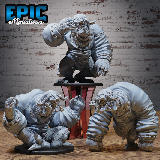 Giant Sloth Nomad trio miniatures with ornate gear and beadwork, shown in crouched, walking, and seated stances.