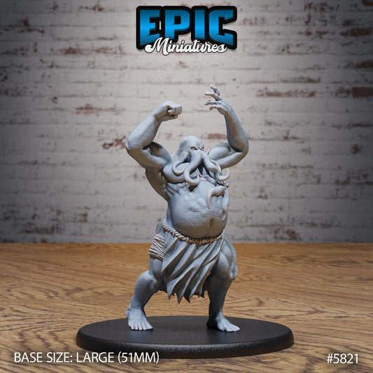 Large Mind Colossus miniature raising its arms in rage, with tentacled face and muscular build, designed for Dungeons & Dragons and Pathfinder.