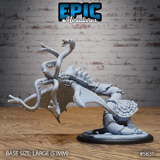 Ancient Flayer miniature posed with five serpentine heads extending outward, wings spread, and scaled tail coiling on a 51mm base.