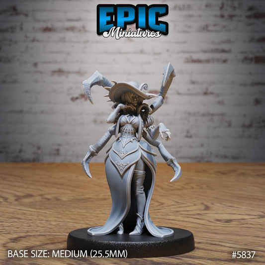 Spider Lady standing pose miniature with arachnid limbs and wide-brimmed hat, medium base, fantasy TTRPG model.
