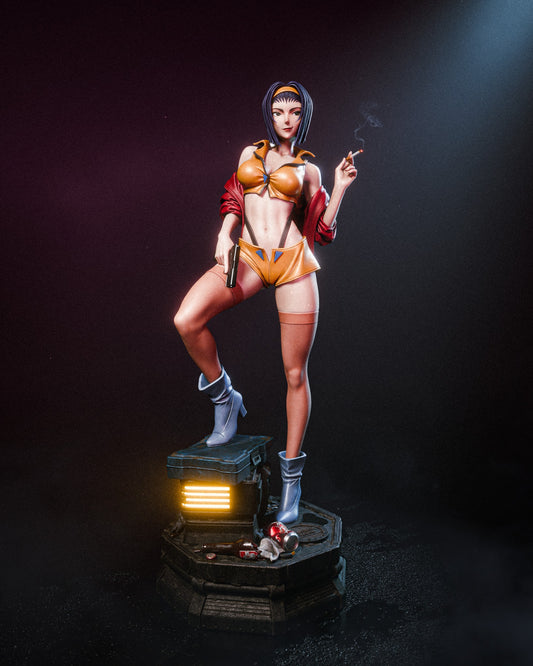 faye valentine cowboy bebop 1-6 scale figure color render front view showing handgun cigarette short outfit pose and futuristic crate base