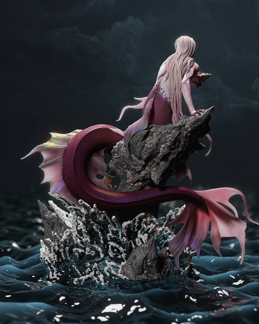 mermaid ca3d siren 1-6 scale figure color render rear angle showing detailed scales flowing fins rock perch and ocean splash diorama scene