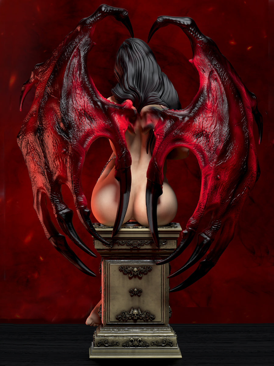 Rear view of a succubus figurine showcasing detailed demonic wings and flowing hair, seated on a gothic-inspired pedestal.