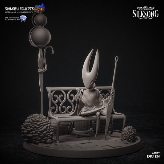 Hornet Hollow Knight Silksong 1:8 scale unpainted statue, seated on decorative bench, holding long needle weapon, with lantern and base detailing.