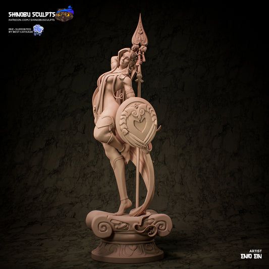Front view of Aphrodite collectible statue holding ornate spear and heart-shaped shield, standing on an elegant sculpted base.