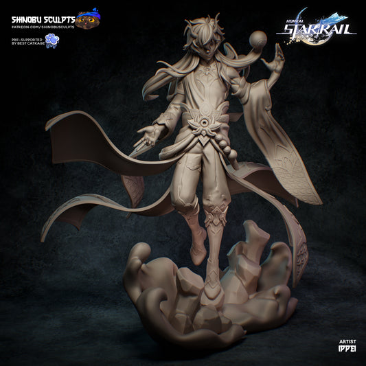 Front unpainted view of Dan Heng Imbibitor Lunae figure, showing detailed robes, beads, and swirling base design.